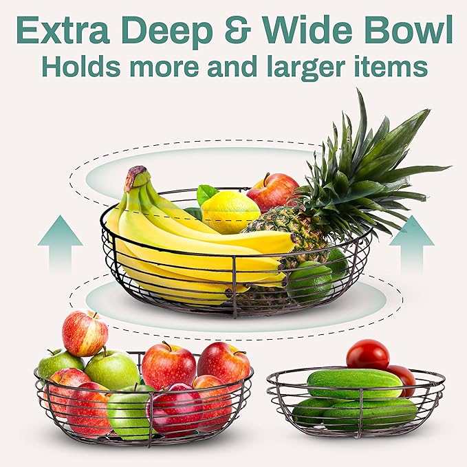 Home Intuition 3-Tier Hanging Fruit Produce Basket Heavy Duty Wire with 2 Metal Ceiling Hooks, Round, Bronze-Ruum Studio Home