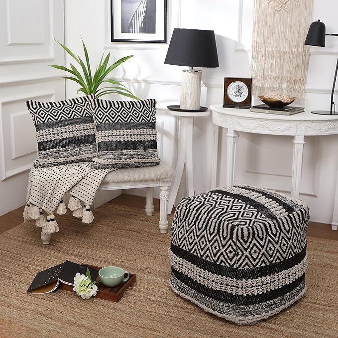 REDEARTH · Tufted Pouf Ottoman with Filler Textured Storage Cube Bean Bag Pouffe Footrest for Living Room, Bedroom, Nursery, Kidsroom; 100% Cotton (17.5"X17.5"X17.5", Char Delineate Black)-Ruum Studio Home