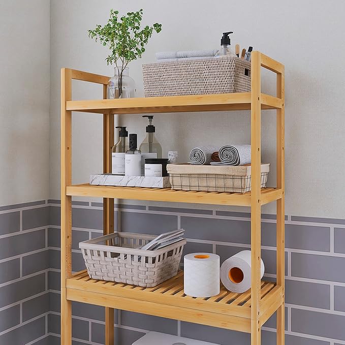 SMIBUY Bathroom Storage Shelf, Bamboo Over-The-Toilet Organizer Rack, Freestanding Toilet Space Saver with 3-Tier Adjustable Shelves (Natural)-Ruum Studio Home