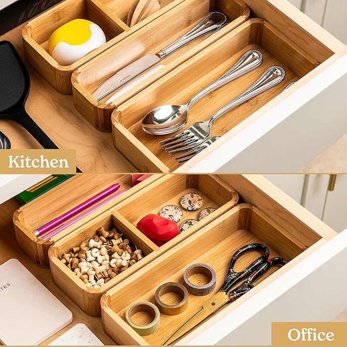 SMIRLY 3-Piece Bamboo Kitchen Drawer Organizer Set for Large and Small Utensils, Multi-use Storage Box - Bathroom, Nightstand, Jewelry, Cutlery, Knife, Spice, Towel, Junk Drawer Tray-Ruum Studio Home