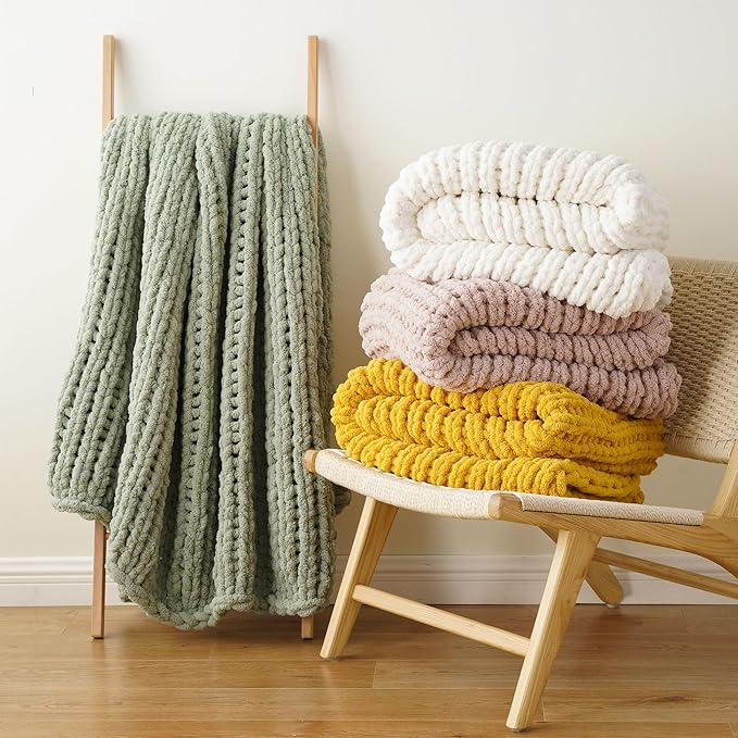 Battilo Chunky Knit Throw Blanket, Soft and Thick Chenille Throw Blanket, 50"x60" Handmade Cable Knit Crochet Blanket, Large Rope Knot Throw Blankets for Couch Sofa Bed Home Decor, Light Green-Ruum Studio Home