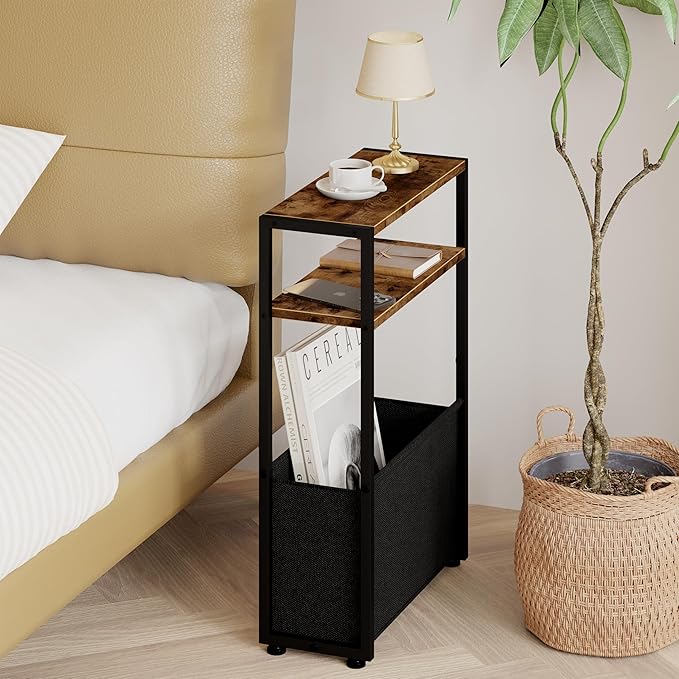 Narrow Side Table, Slim End Tables with Fabric Basket, Skinny Table for Small Spaces, Thin Bedside Table for Living Room, Bedroom-Ruum Studio Home