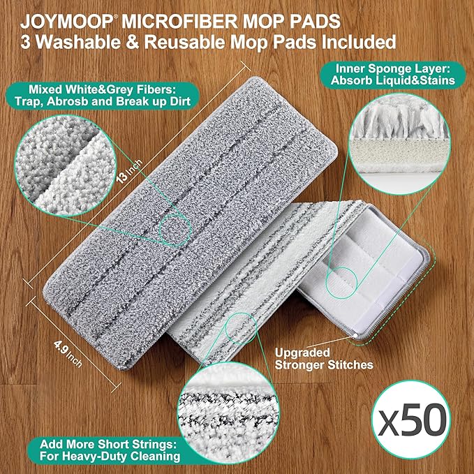 JOYMOOP Flat Mop Pads, Microfiber Mop Cleaning Pads, Washable Pads, Pads Replacement for JOYMOOP Flat Mop or Mop Bucket Set, Pack of 50 Refills 13inch - Grey and Stripe-Ruum Studio Home