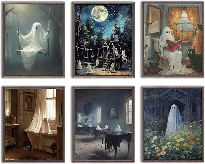LANCHI95 6 Pcs 8x10in Halloween Wall Art Prints, Vintage Posters, Cute Ghost Pictures for Bedroom Decor (UNFRAMED)-Ruum Studio Home