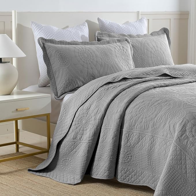 MarCielo 3-Piece 100% Cotton Oversized Bedspread Lightweight Quilt Coverlet Embroidery Farmhouse Bedding Set (Tf Light Grey, Oversized Queen (100"x106"))-Ruum Studio Home