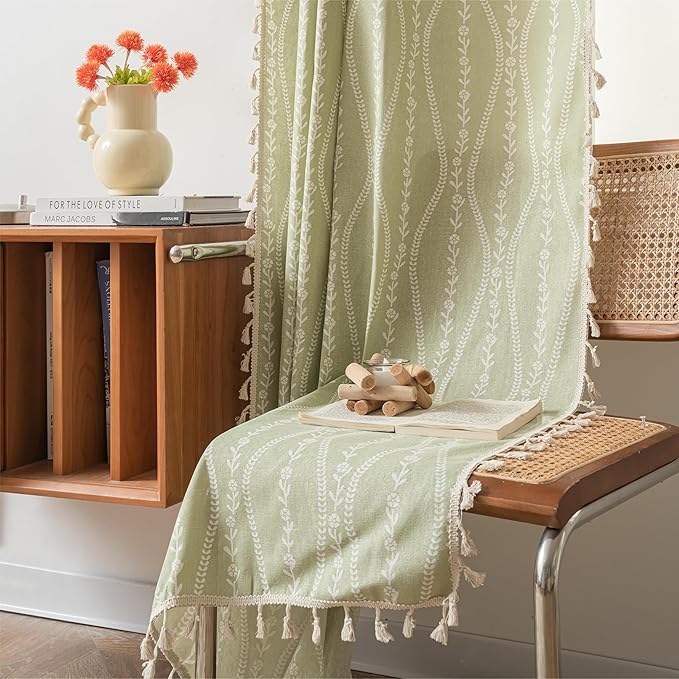 Sutuo Home Boho Curtains 63 Inches Length for Kitchen Doorway Cafe Dining Room, Vintage Tassels Window Treatment Drape for Xmas Decorations Rod Pocket, 1 Panel 59" W x 63" L,Green Stripe Floral-Ruum Studio Home