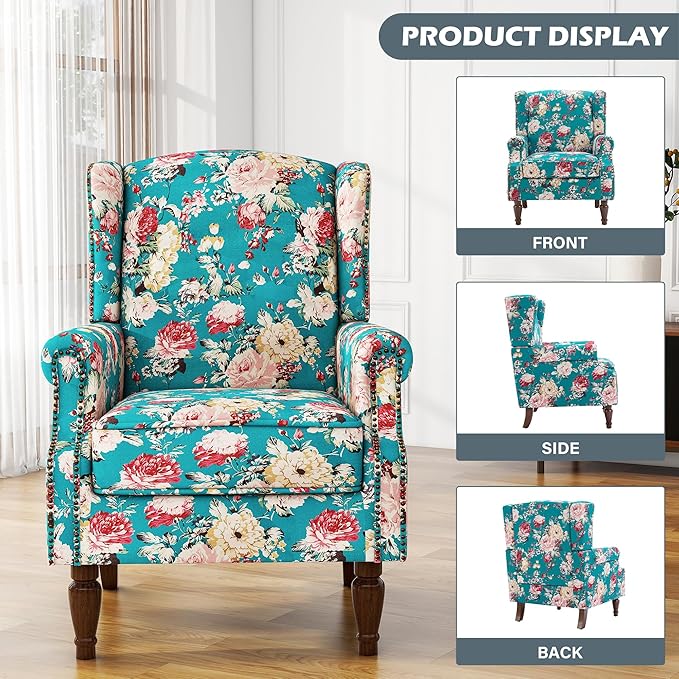 UIXE High Back Floral Accent Chair, Upholstered Armchair in Fabric, Retro Printed Wingback Arm Chair for Living Room, Nailhead Trim Single Sofa Bedroom Reading Seat - Peacock Blue-Ruum Studio Home