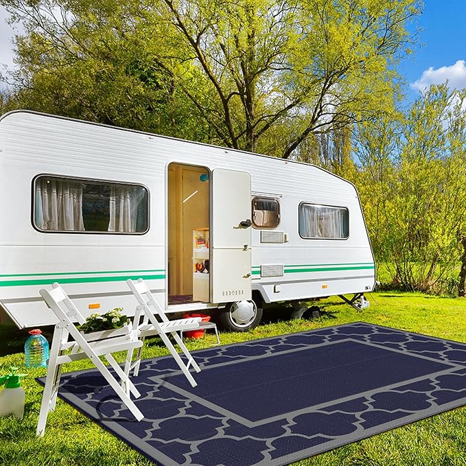 GENIMO 10 ' x 14 ' Outdoor Rug Waterproof for Patio Decor, Foldable Reversible Plastic Straw Area Rugs Mat for Camper, Outside Carpet for Rv, Deck, Porch, Picnic, Beach, Balcony, Blue & Grey-Ruum Studio Home