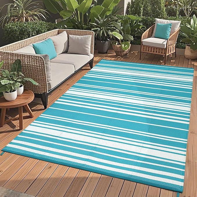 Waterproof Outdoor Rug 8x10 Contemporary Reversible Plastic Straw Rug, Easy Cleaning Striped Patio Carpet, UV-Resistant Indoor Outdoor Floor Cover for RV, Porch, Deck, Backyard, Light Blue-Ruum Studio Home