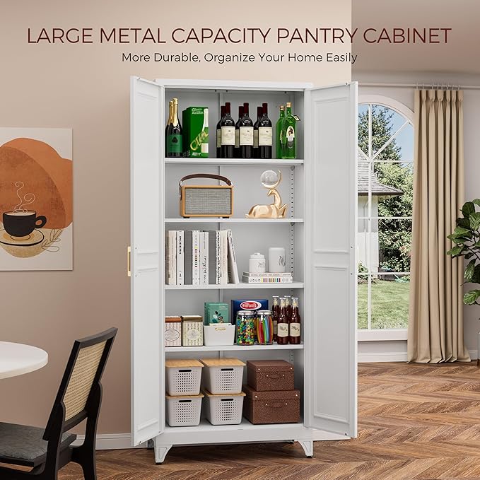 75" Kitchen Pantry Cabinet, White Metal Storage Cabinets with 2 Doors and 4 Adjustable Shelves, Tall Pantry Storage Cabinet for Kitchen, Dining Room, Living Room-Ruum Studio Home