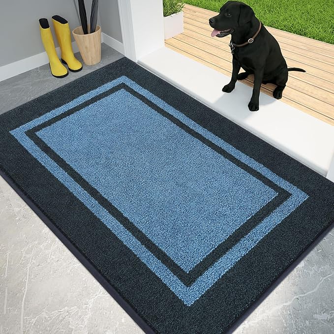 PURRUGS Dirt Trapping Door Mat 34" x 60", Non-Slip/Skid Machine Washable Entryway Rug, Shoes Scraper, Area Rug, Super Absorbent Welcome Mat for Muddy Wet Shoes and Paws, Light Blue & Navy-Ruum Studio Home