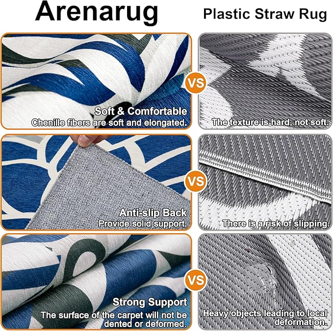 Indoor Outdoor Area Rug Washable Multicolored Patio Rug Tropical Botanical Modern Floral Indoor Outdoor Carpet Blue White Rug Non Slip for Patio, Deck, Backyard, Porch (9x12)-Ruum Studio Home