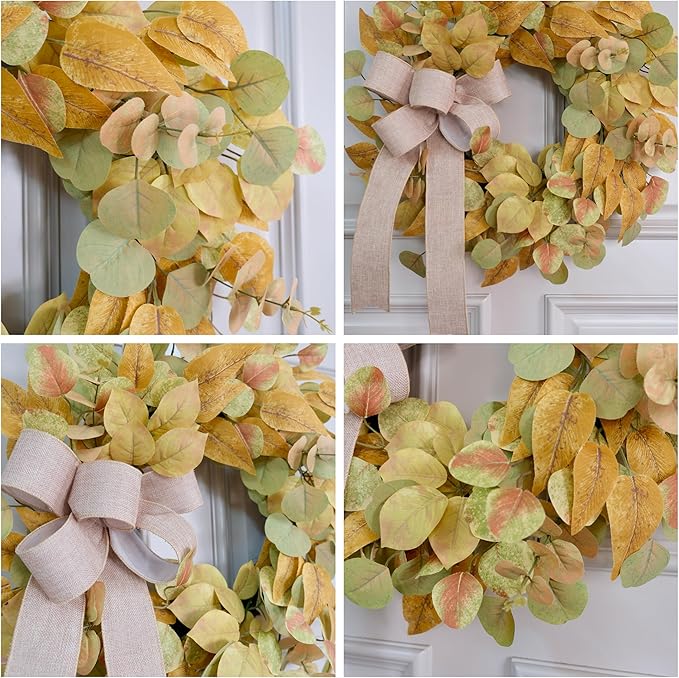 Fall Wreath for Front Door 24 Inch, Autumn Colored Faux Leaves Wreath with Bow, Simple & Minimalist Fall Decoration for Home Farmhouse Door Wall Window Indoor/Outdoor-Ruum Studio Home