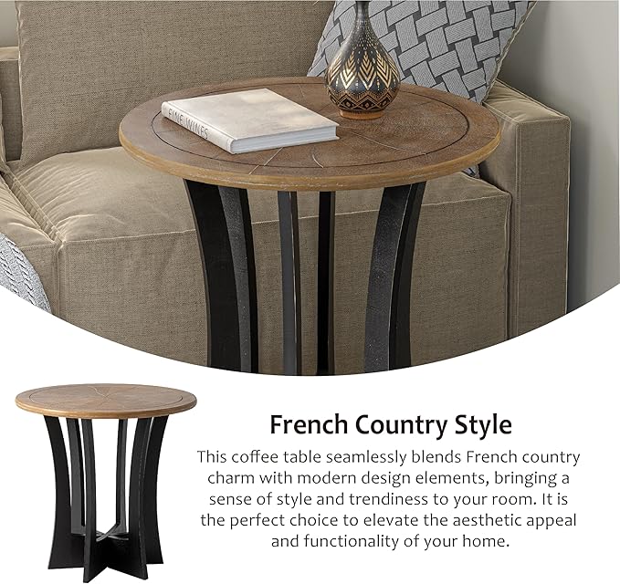 Farmhouse Round End Table X 2P with Criss-Cross Wood Legs, Rustic French Country Side Table for Dinning or Living Room, Modern, Black, Natural Wood-Ruum Studio Home