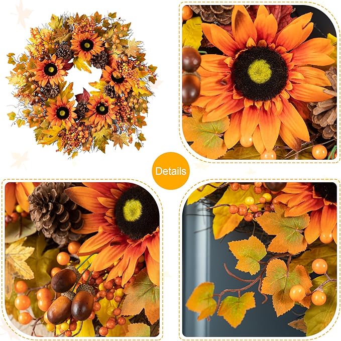 Glitzhome 24'' Fall Wreath for Front Door Decor, Artificial Autumn Orange Wreath with Sunflower, Maple Leaf and Berry Ornament for Wall Fireplace Farmhouse Thanksgiving Day Harvest Festival Decor-Ruum Studio Home