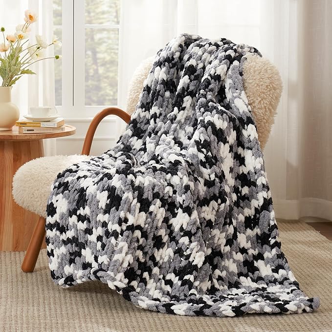 Amélie Home Chunky Knit Throw Blanket for Couch, Soft Chenille Crochet Blanket for Sofa, 50"x60", Space-Dyed Black-Ruum Studio Home