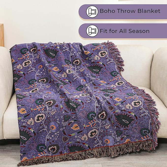 Boho Throw Blanket for Bed,100% Ultra Cotton Soft Breathable Bed Throw Floral Printed Farmhouse Decor Rustic Bed Throws for Couch Sofa Quilt Purple Flowers 60" x 80"-Ruum Studio Home