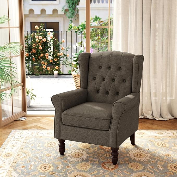 Accent Chair, Upholstered Armchair with Button Tufted High Back & Solid Wood Legs, Comfy Wingback Reading Single Sofa Chair for Small Spaces, Living Room, Bedroom (Taupe, Set of 1)-Ruum Studio Home
