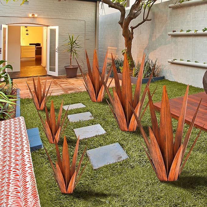 Metal Agave Plants, Tequila Rustic Sculpture, Metal Yard Art, Outdoor Lawn Ornaments Yard Stakes (Rusty- L)-Ruum Studio Home
