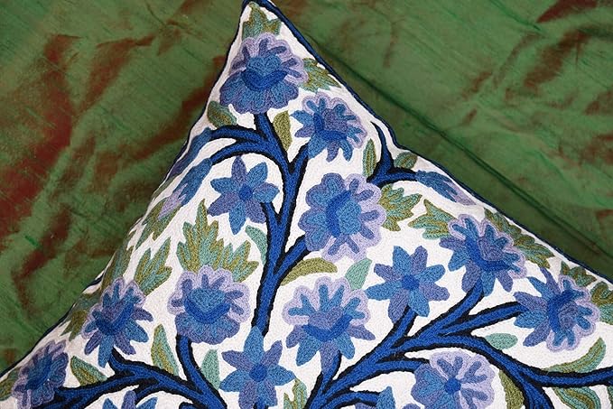 Blue Tree of Life Pillow Cover Indigo Plant Floral Pillowcase Needlepoint Botanical Flower Suzani Cushions Traditional Boho Modern Floral Cushion Wool Size - 18x18-Ruum Studio Home