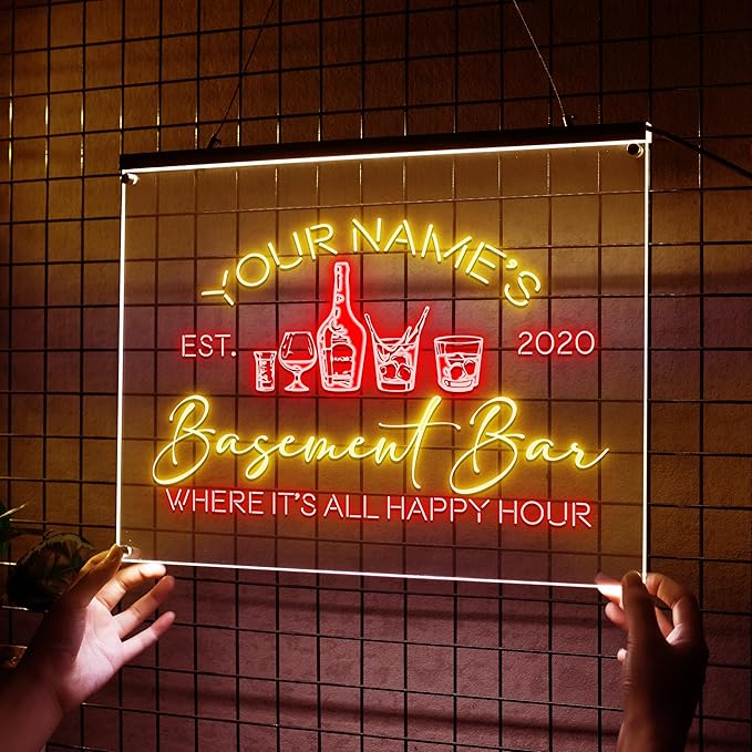 Personalized Basement Bar LED Neon Sign, Custom Name Happy Hour Acrylic Wall Light for Home Bar & Man Cave Decor-Ruum Studio Home