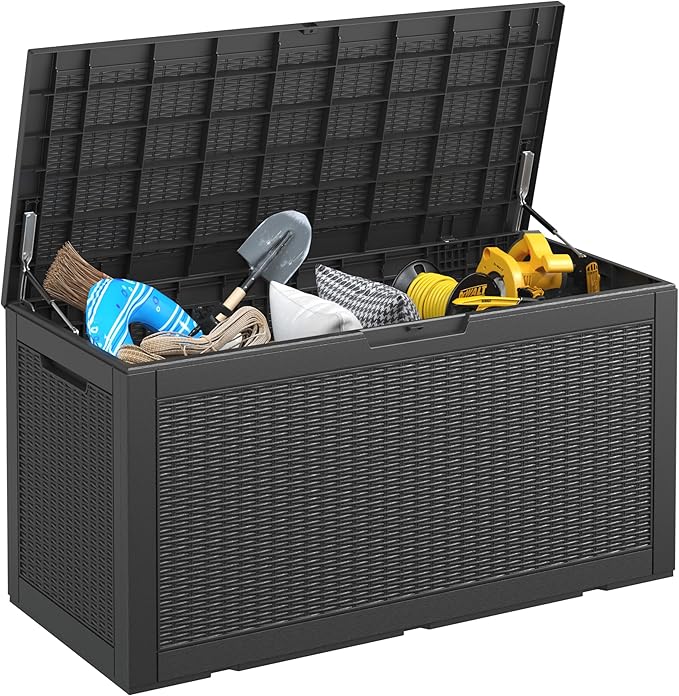 KAMABOKO 101 Gallon Waterproof Large Resin Deck Box, Lockable Large Outdoor Storage Boxes Indoor Outdoor Storage Container for Patio Cushions, Gardening Tools, Pool Supplies, Black-Ruum Studio Home