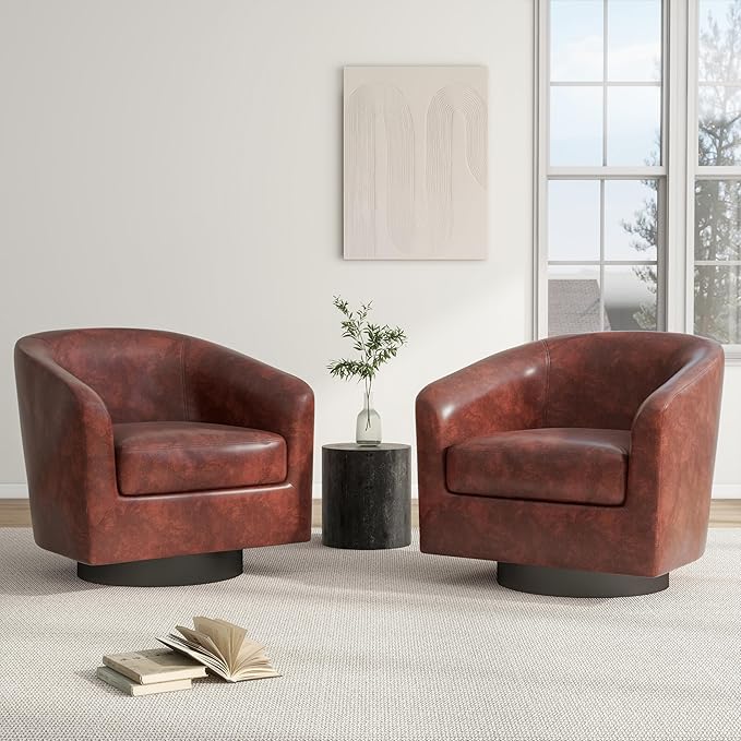 Swivel Barrel Accent Chair, Modern Round Faux Leather Arm Chair for Living Room, Bedroom, Comfy Club Reading Chairs for Adults(Faux Leather, Red Brown, Set of 2)-Ruum Studio Home
