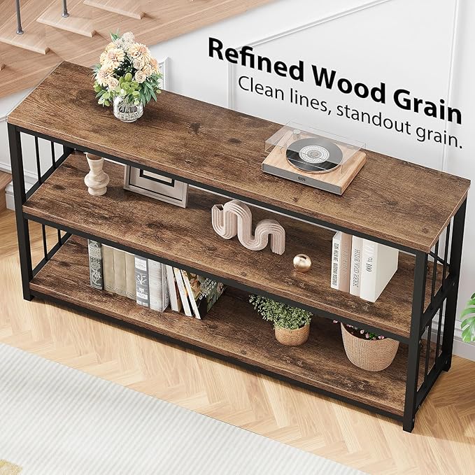 LVB Industrial Console Entryway Table, Metal Wood Rustic Sofa Table with Storage, Farmhouse 3 Tier Shelf Long Hallway Foyer Entry Tables Behind Couch for Home Living Room Entryway, Rustic Brown, 55 In-Ruum Studio Home