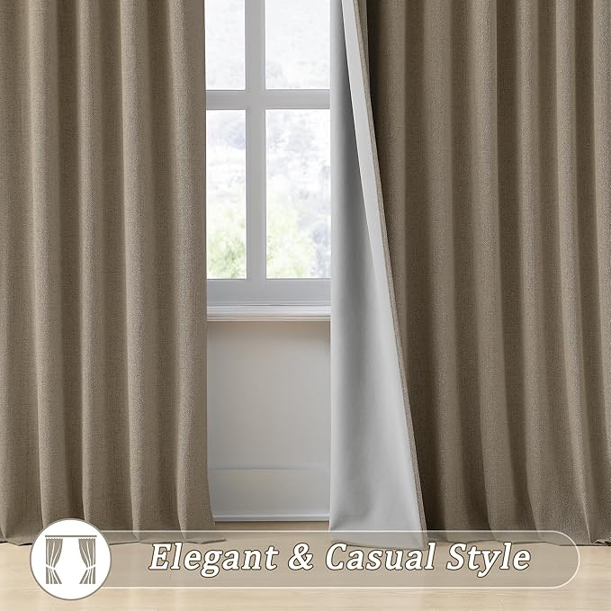 Linen Brown Room Darkening Curtains for Living Room,Pinch Pleated Back Tab Drapes with Hooks,Linen Burlap Thermal Insulated Noise Reducing Window Curtain Panels for Bedroom,W50 x L90, 2 Panels-Ruum Studio Home