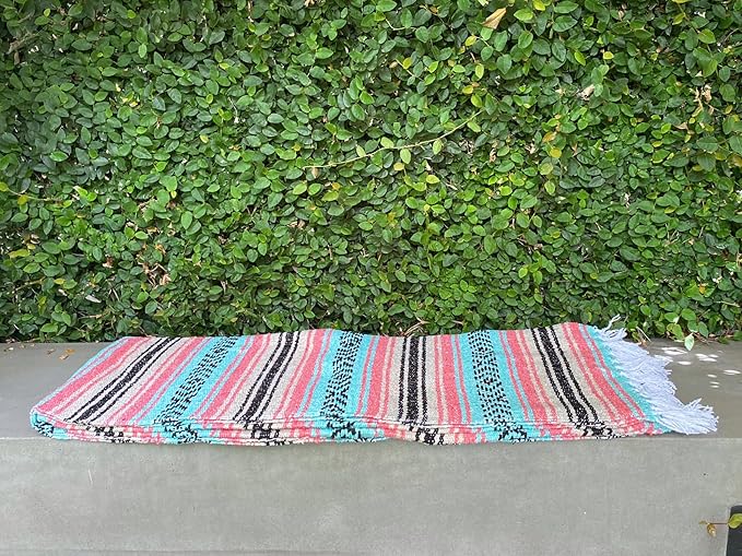 Del Mex Classic Mexican Blanket, Large Authentic Woven Falsa Throw (70"x50"), Artisan Southwest Décor for Beach, Yoga, Outdoors (Mint/Tan/Pink)-Ruum Studio Home