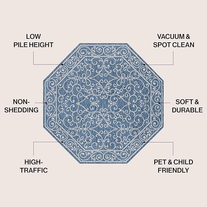 JONATHAN Y Vintage Filigree Indoor Outdoor Octagon Area Rug 5 Ft Navy/Gray, Charleston Textured Weave for Backyard, Patio, Porch, Easy-Cleaning, High Traffic, Pet-Friendly, Non-Shedding SMB106D-5TGN-Ruum Studio Home