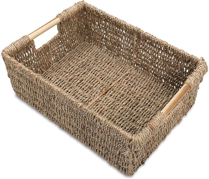 Large Natural Wicker Basket Rectangular with Wooden Handles, Seagrass Storage for Organizing, Shelves 15.5 x 10.6 x 5.5 inches-Ruum Studio Home