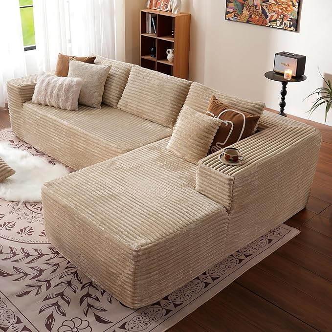 ovios 104" Cloud Sectional Couch with L-Shape Chaise,Modern Modular Sofa with Deep Seat, Upholstered Couches for Living Room Bedroom,No Assembly Required, Beige (Plush Corduroy Fabric)-Ruum Studio Home