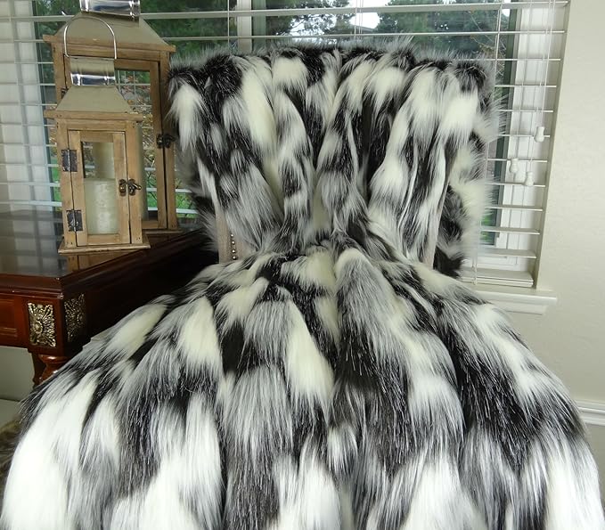 Gray Black White Faux Fur Oversized Blanket and Bedspread - Tibet Fox Fur - Gray Black White Luxury Faux Fur - Soft Faux Fur Blankets, Bedspreads and Throws, Handmade in USA, 16438-Ruum Studio Home