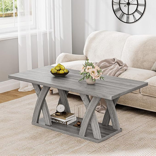 47” Wood Coffee Tables for Living Room Rustic Stands with Storage Shelf Grey Coffee Tables for Living Room Farmhouse Center Stands with Shelf Farmhouse Rectangle Center Table-Ruum Studio Home