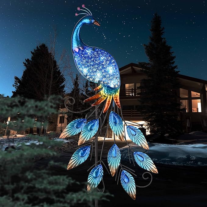 TERESA'S Collections Garden Decor Blue Peacock with Solar Outdoor Lights, 40" Glass Yard Art for Outside, Decorative Metal Stake Outdoor Decor for Lawn Decorations, Patio, Gifts for Mom-Ruum Studio Home
