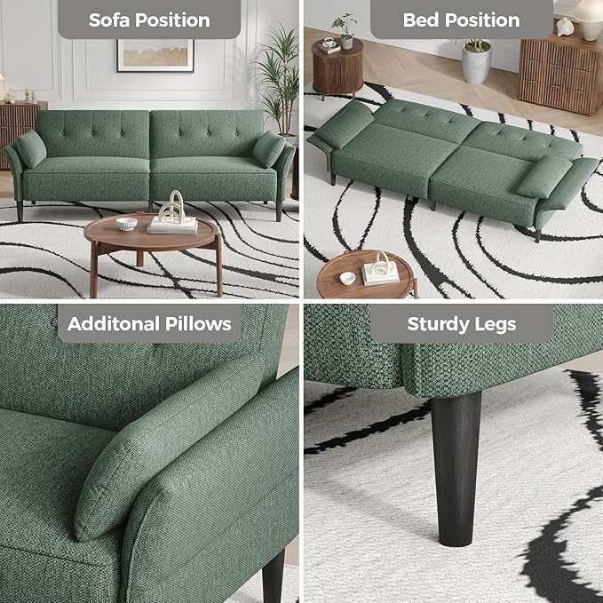 89” Futon Sofa Bed, Linen Comfy Futon Couch Bed with 2 Square Pillows, Convertible Sleeper Sofa with Adjustable Backrest& Armrests, Modern Loveseat Sleeper for Living Room, Bedroom, Green-Ruum Studio Home