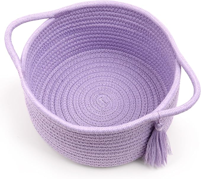 Small Purple Basket, Cute Woven Gift baskets with Cellophane Wrap set for Girl, Decorative Cotton Rope Container Bin, Little Makeup Brushes Holder for Bathroom Counter, Vanity, Cosmetics – lavender-Ruum Studio Home