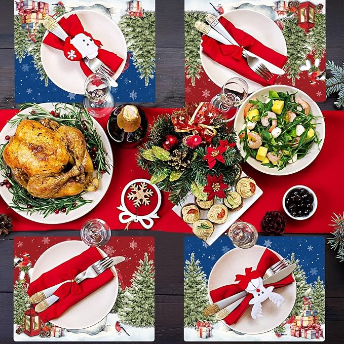 Winter Christmas Placemats Set of 6 Red Blue Snowman Plastic Table Mats Christmas Tree Birds Place Mats Washable Vinyl Seasonal Winter Table Decoration for Indoor Outdoor Party Kitchen Dining-Ruum Studio Home