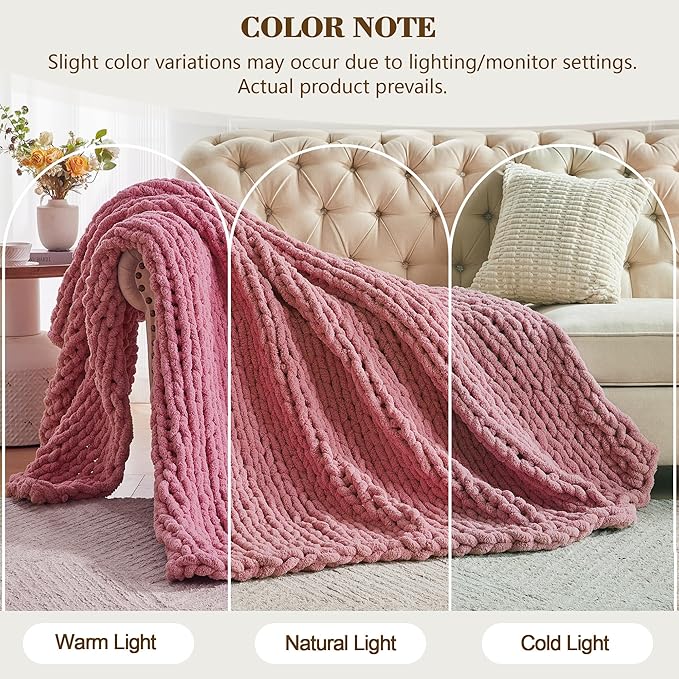 Carriediosa Chunky Knit Throw Blanket 60" X 80" Twin, 100% Hand Made Large Chenille Loop Yarn Soft Fluffy Throws for Couch Sofa Bed, Big Crochet Cozy Heavy Thick Cable Woven Blanket, Mauve-Ruum Studio Home