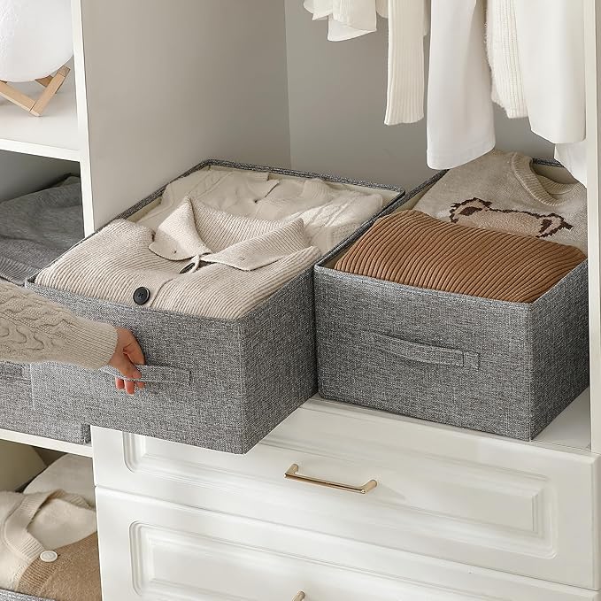 Linen Folding Storage Bins, 3 Pack Large Storage Baskets, Washable, Clothing Storage Bins with Handle, Closet Organizer for Storage Sweater,Sheets(dark grey, 18½"x13½"x8½")-Ruum Studio Home