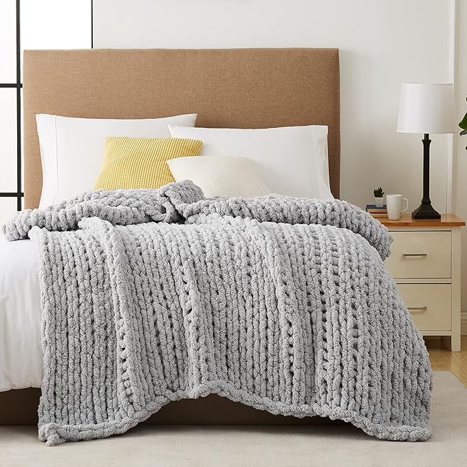 L'AGRATY Chunky Knit Blanket Throw: 72''x84'' Chenille Chunky Knitted Throw Blanket for Bed Couch - Handmade Thick Big Cable Knit Blanket - Large Chunky Crochet Rope Blanket for Home Decor(Grey)-Ruum Studio Home