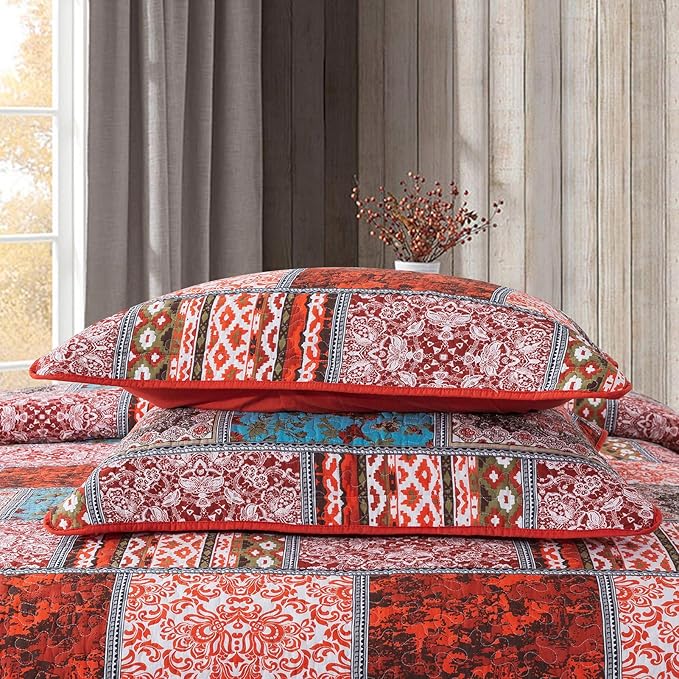 NEWLAKE Cotton Bedspread Quilt Sets-Reversible Patchwork Coverlet Set, Mediterranean Classic Bohemian Pattern,Queen Size-Ruum Studio Home