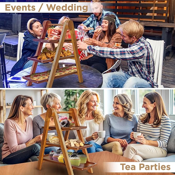 MAJURI 3 Tier Wooden Serving Tray, Set of 2 Tongs Free, Tiered Serving Trays & Platters for Party, Wedding, Picnic, Your Perfect Elevated Charcuterie Stand and for 3 Tiered Dessert Stand Lovers-Ruum Studio Home