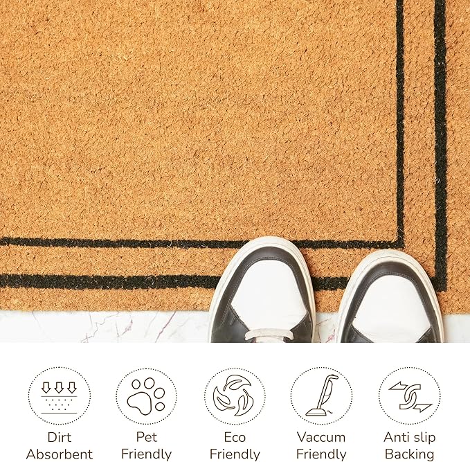 Welcome Doormats, Natural Coco Coir Mats with Non-Slip PVC Backing, Indoor Outdoor Mats for Home & Office, Floor Mats for Door Decor, Plain Entry Mat with Border, Beige & Black, 30"x17"-Ruum Studio Home