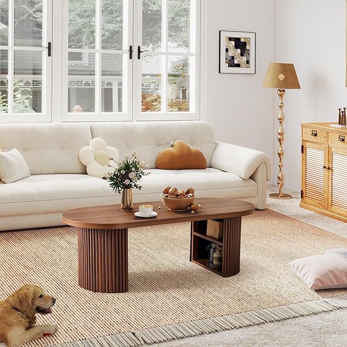Oval Fluted Coffee Table, 47" Farmhouse Wood Coffee Table Mid Century Modern Center Table Boho Living Room Tables for Living Room Office,Walnut-Ruum Studio Home