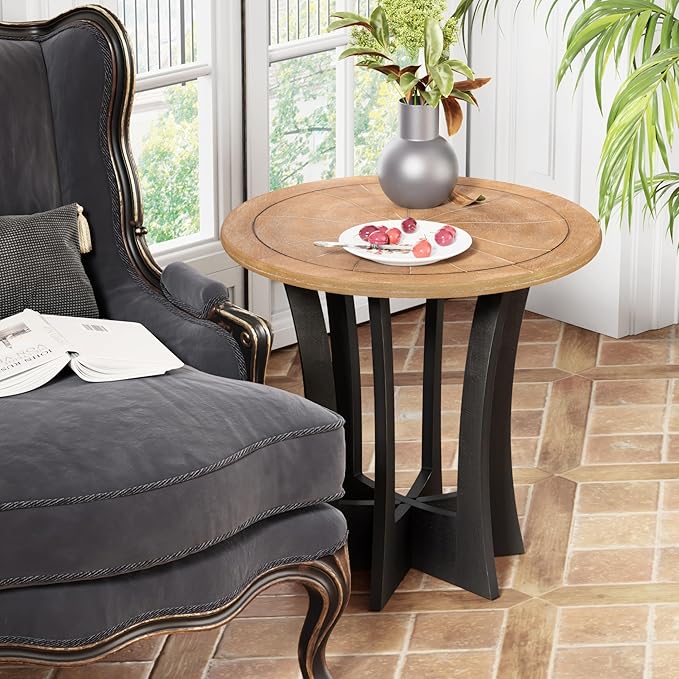 Farmhouse Round End Table X 2P with Criss-Cross Wood Legs, Rustic French Country Side Table for Dinning or Living Room, Modern, Black, Natural Wood-Ruum Studio Home