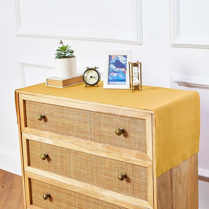 Solino Home Linen Mustard Yellow Table Runner 36 Inches - 100% Pure Linen Farmhouse Short Table Runner 14 x 36 Inch Ideal for Dresser and Coffee Tables - Fete-Ruum Studio Home