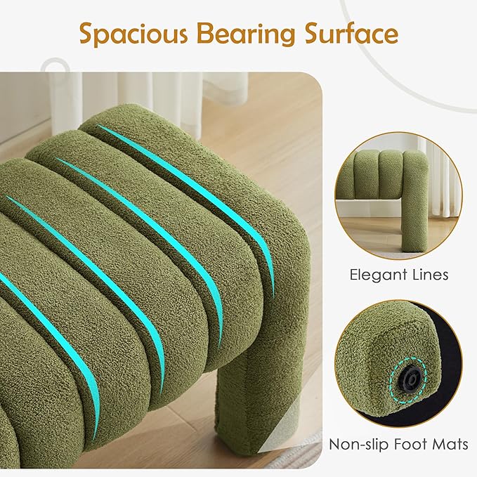 43.3" Bedroom Bench, Upholstered Entryway Bench, Modern End of Bed Ottoman with Solid Wood Legs and Adjustable Foot Pegs for Entryway, Dining Room and Living Room (Green Boucle)-Ruum Studio Home