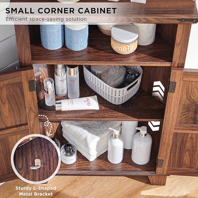 Corner Bathroom Cabinet, Farmhouse Small Cabinet with Barn Door & Adjustable Shelf, Storage Cabinets for Bathroom, Kitchen & Living Room, Brown-Ruum Studio Home